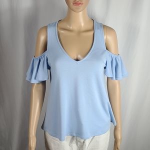 Everly | Sky Blue Ruffle Cold Shoulder V-Neck Tee